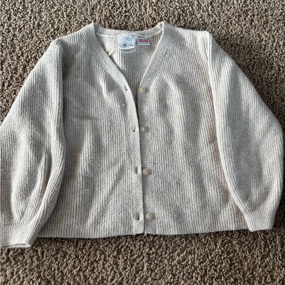 Zara Light Beige Ribbed Knit Cardigan Little Girl 4-5 - Picture 2 of 3